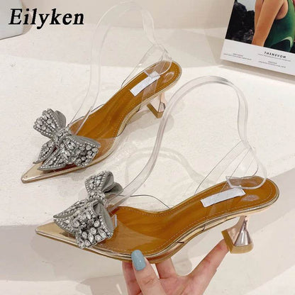 Spring Autumn Crystal Sequined Bowknot Silver Women Pumps Low High Heels PVC Transparent Sandals Party Wedding Prom Shoe - Touchy Style