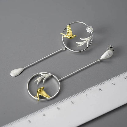 Lotus Fun Real 925 Sterling Silver Swallow and Willow in Spring Wind Long Asymmetrical Dangle Earrings for Women Fine Jewelry - Touchy Style