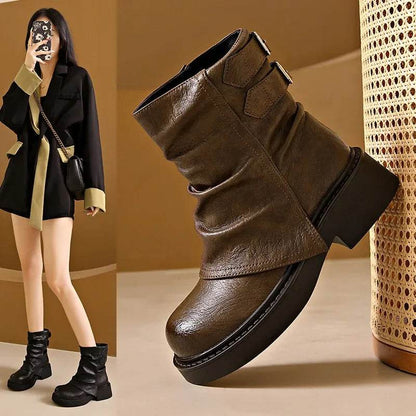 2024 Fall Fashion Boots Comfortable Mid-calf Boots Slim Leather shoes Versatile High Heel Boots socofy chaussures femmes - Touchy Style