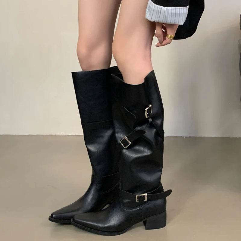 Eilyken Winter Black Punk Round Toe Knee-High Women Boots Square Heels Buckle Strap Ladies Booties Shoes Zapatillas De Mujer - Touchy Style