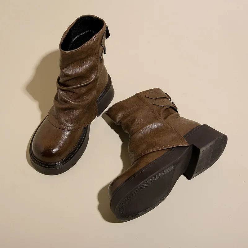2024 Fall Fashion Boots Comfortable Mid-calf Boots Slim Leather shoes Versatile High Heel Boots socofy chaussures femmes - Touchy Style