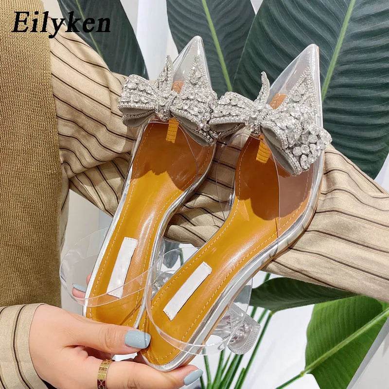 Spring Autumn Crystal Sequined Bowknot Silver Women Pumps Low High Heels PVC Transparent Sandals Party Wedding Prom Shoe - Touchy Style