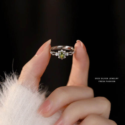Real 925 Sterling Silver Olive Green Zircon Open Ring Cute Gift for Lady Mom Daughter Birthday Jewelry - Touchy Style