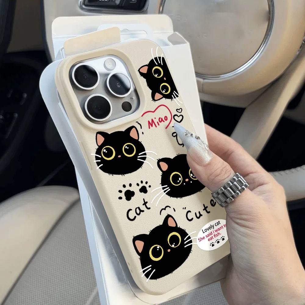 Cute Black Cat Phone Case For iPhone 16 Pro Max Case iPhone 13 11 15 12 14 Pro Max Plus Silicone Shockproof Matte Leather Cover