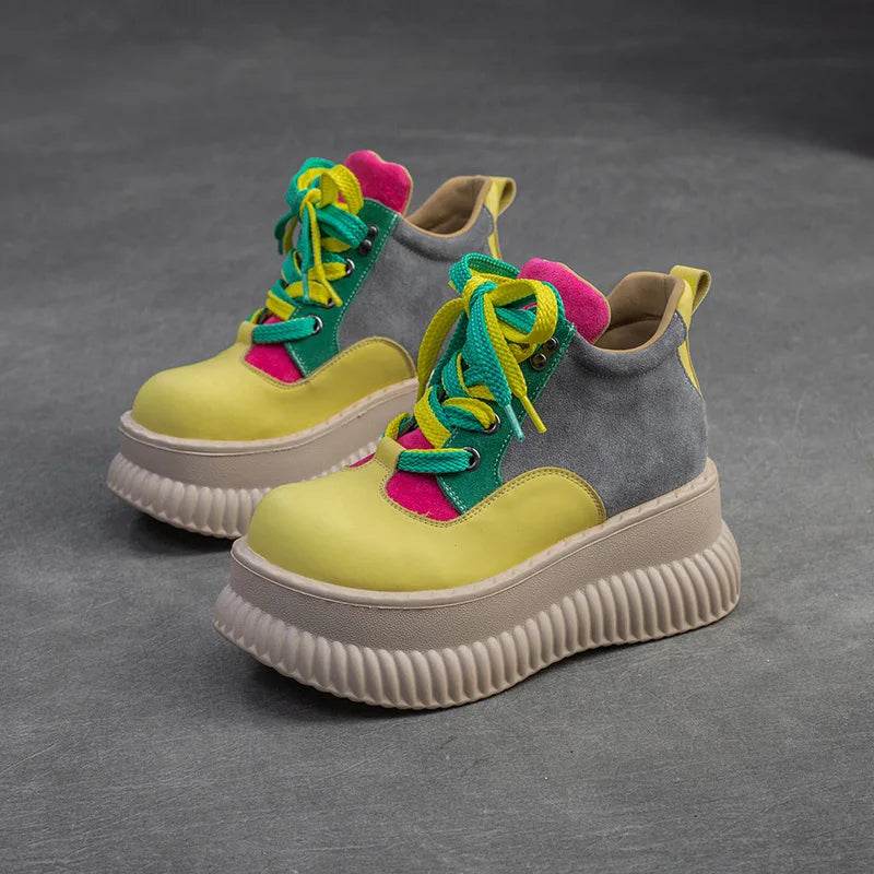 Spring New Genuine Leather Flat Platform Shoes Mixed Colors Thick Sole Shoes For Casual Sneakers Women&