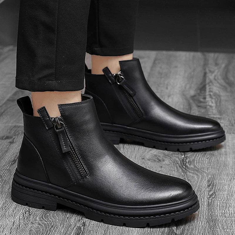 Classic Side Zipper Mens Leather Boots Autumn Winter Male Ankle Boots Comfy Non-Slip Motorcycle Boots Warm Winter Shoes for Men - Touchy Style