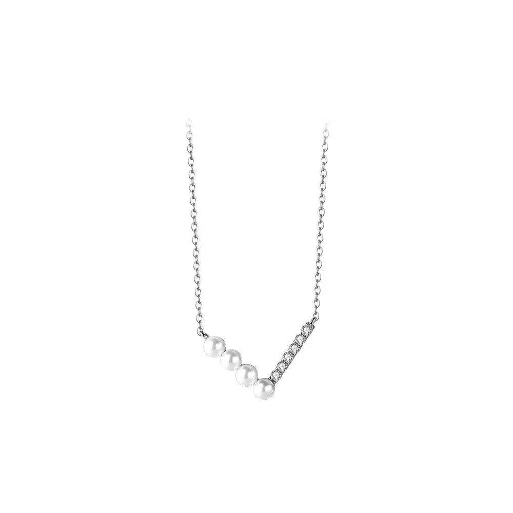 S925 Sterling Silver V Shape Half Pearl Half Zircon Pendant Necklace for Women Simple Light Luxury Wedding Jewelry Accessories - Touchy Style
