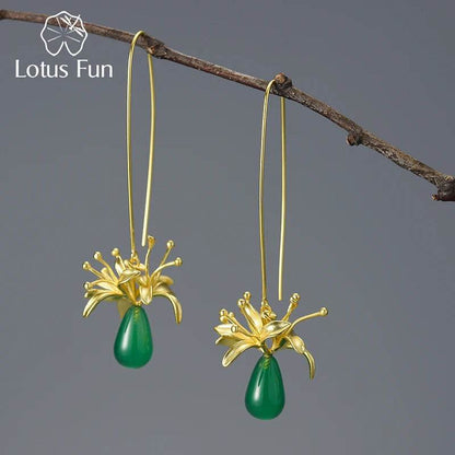 Lotus Fun Natural Gemstone Long Unusual Red Spider Lily Flower Dangle Earrings for Women 925 Sterling Silver Luxury Fine Jewelry - Touchy Style