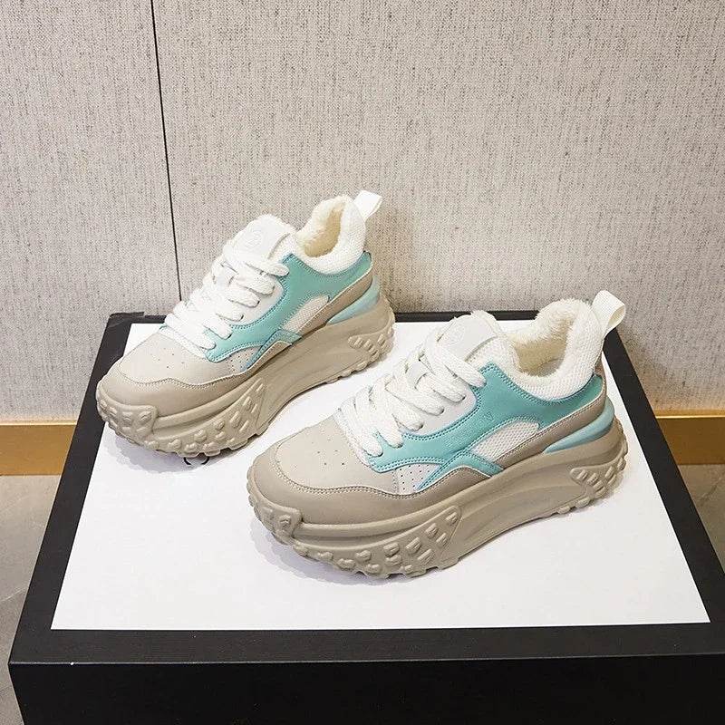 6cm Genuine Leather Platform Mesh Breathable Sneakers Chunky Hidden Heel Mixed Color Women Autumn Spring Vulcanize Shoes - Touchy Style