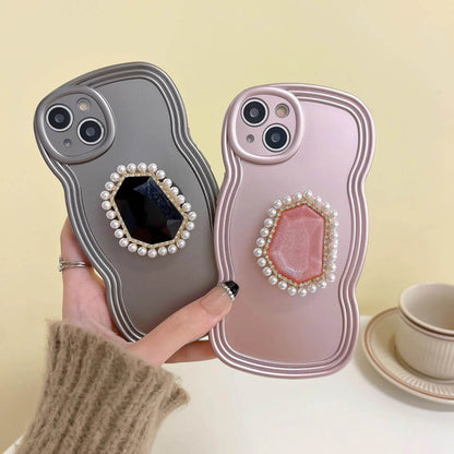 pearl Pink gemstones art Bracket shell woman girls Phone case For iPhone 16 15 14 13 Pro Max Case Cute Luxury Plating Soft Cover - Touchy Style