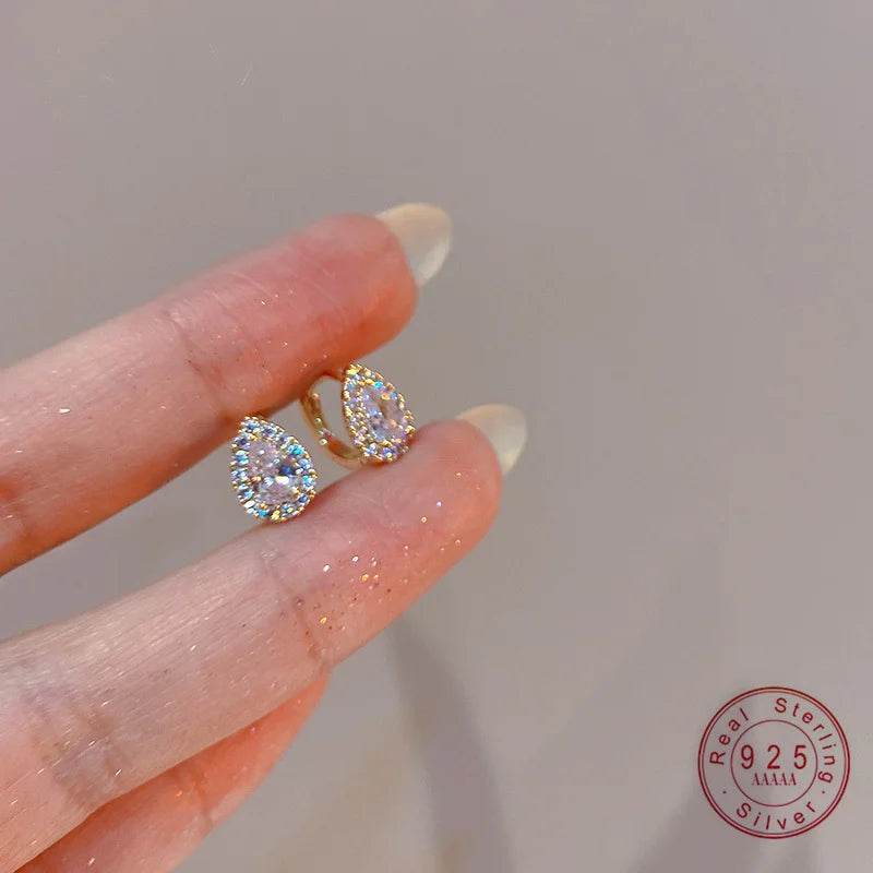 French Exquisite Small Zircon Water Droplet 925 Sterling Silver Plated 14K Gold Earrings for Women Wedding Party Jewelry - Touchy Style