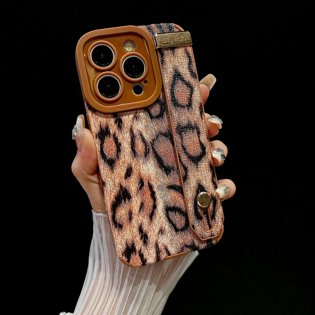 Leopard Print Wrist Strap Holder Leather Pattern Bumper Case For iPhone 16 15 11 12 13 14 Pro MAX Plus Soft Silicone Stand Cover