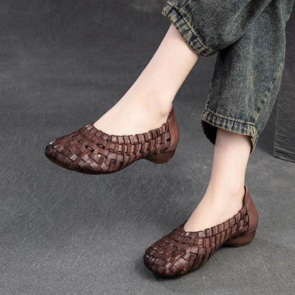 Autumn New Vintage Versatile Genuine Leather Woven Flat Shoes Handmade Round Toe Handmade Soft Sole Slip-on Shoes - Touchy Style