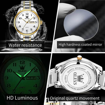 OLEVS Classic Bussiness Quartz Watch for Men Digital Dial Date Week Display Clock Luminous Waterproof Man Gold Wristwatches - Touchy Style