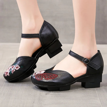 High Heels Sandals Women Shoes 2024 New Spring Genuine Leather Buckle Strap Retro Round Toe Casual Platform Ladies Shoes