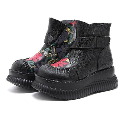 Handmade Ankle Boots Platform Women Genuine Cow Leather Short Boots Round Toe Height Increasing Thick Sole Ladies Shoes - Touchy Style