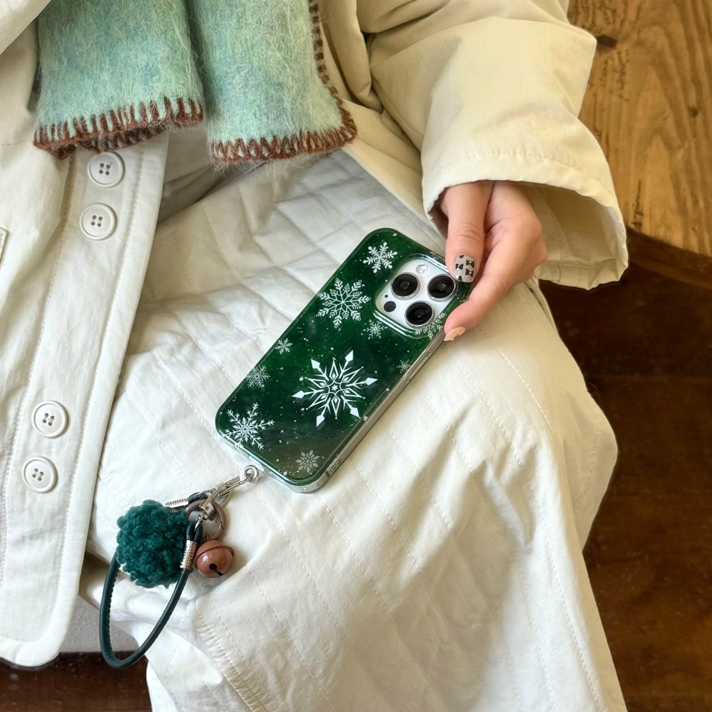 Cute Phone Cases For iPhone 16, 15, 14, 13 Pro Max - Vintage Glittering Green Snowflakes - Fluffy Dangle Chic Back Cover - PC9430 - Touchy Style