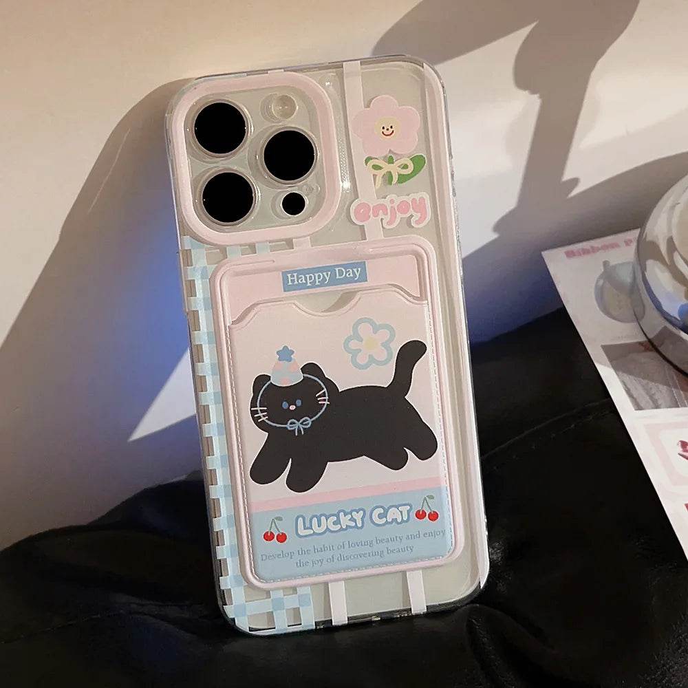 Cute Phone Cases For iPhone 16, 15, 14, 13, 12 Pro Max, Xr, 15 Plus - Cherry Party Black Cat Cartoon Cover - IC5190 - Touchy Style