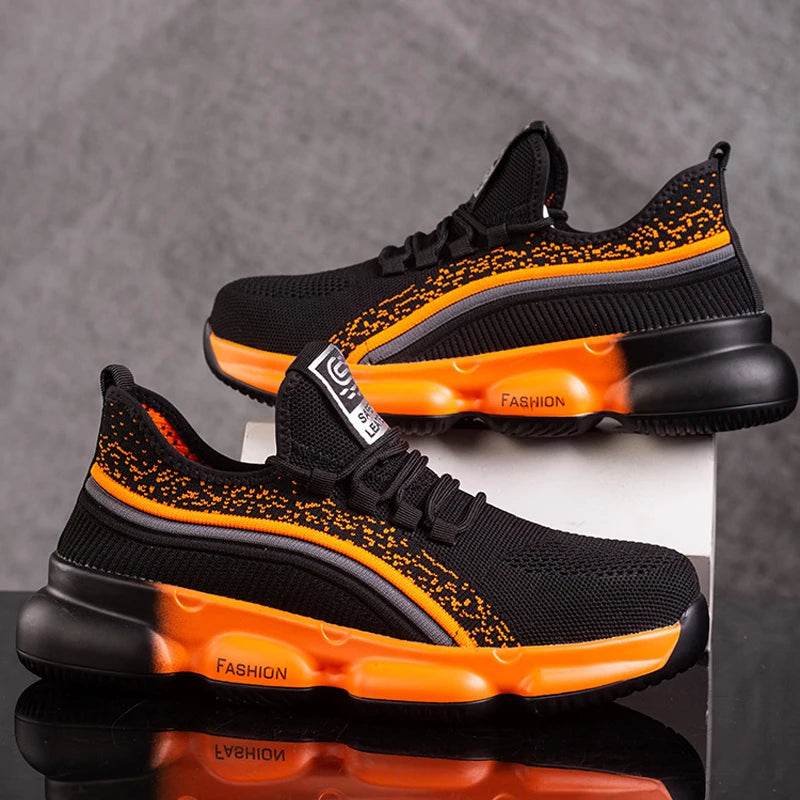 Orange Men Work Shoes Fashion Steel Toe Cap Sneakers Men Safety Shoes Anti-smash Anti-puncture Indestructible Shoes Breathable - Touchy Style