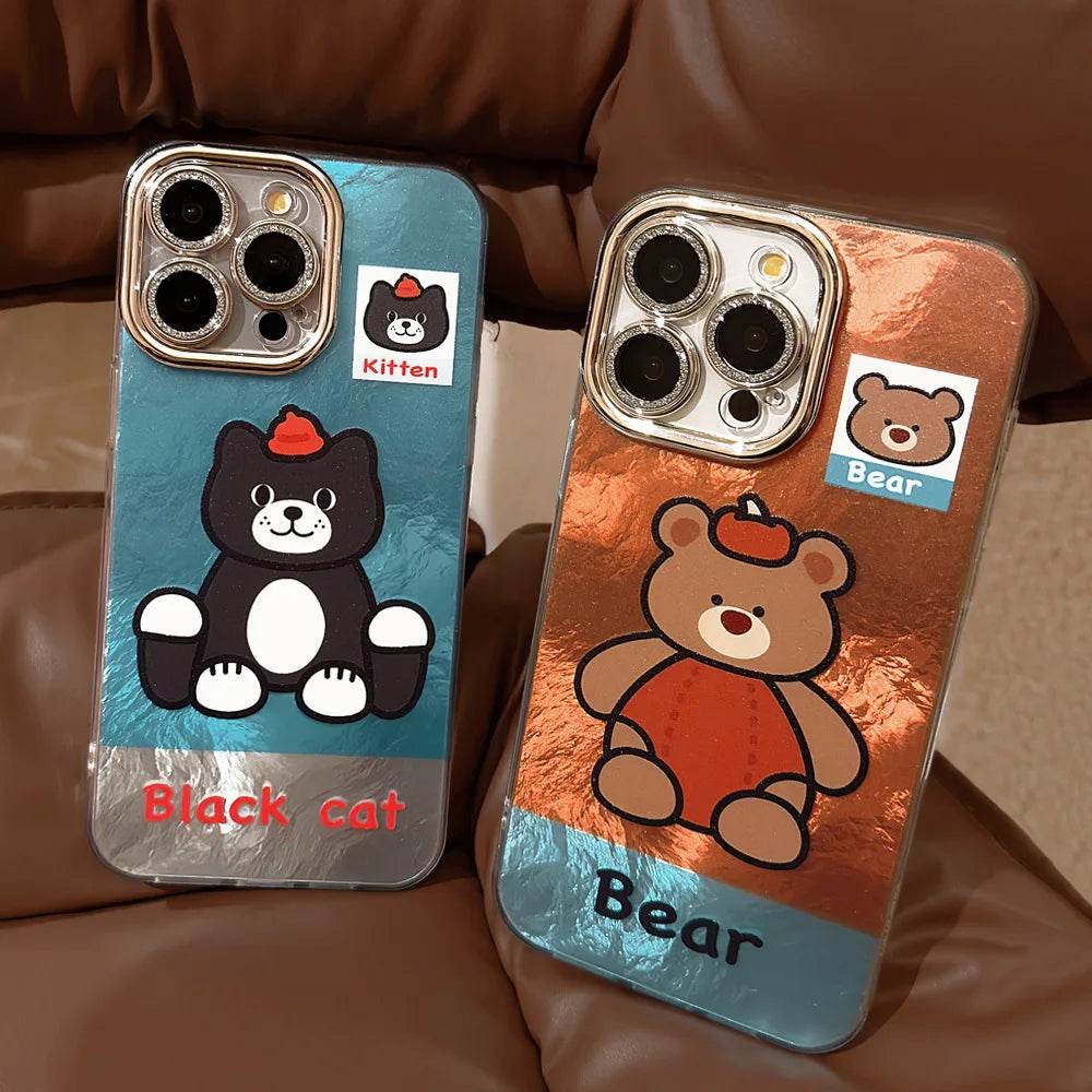 Cute Phone Cases For iPhone 16, 15, 14, 13, 12, 11 Pro Max - Pumpkin Bear, Lucky Cat Pattern - Glitter Cover - IC4440 - Touchy Style
