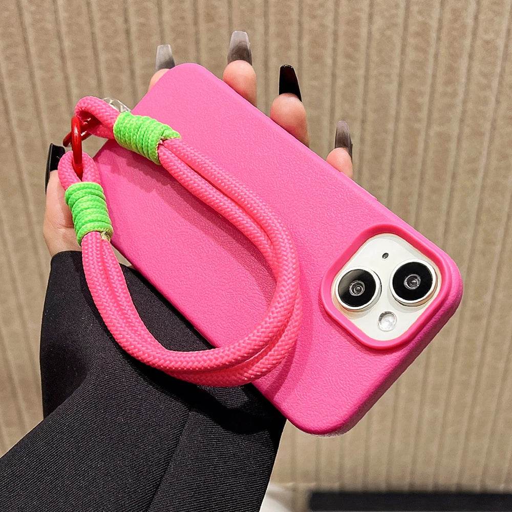 Lanyard Strap Rope Silicone Phone Case For iPhone 13 11 15 12 14 16 Pro Max Plus Soft Candy Color Lichee Pattern Leather Cover