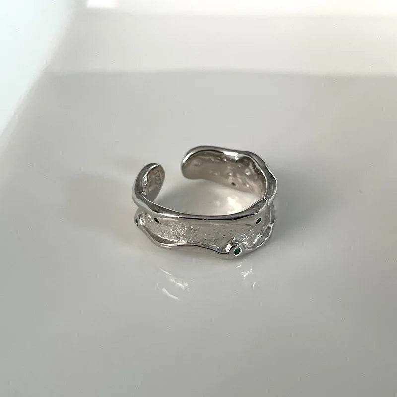 PANJBJ 925 Sterling Silver Zircon Ring For Women Irregular Liquid Lava Design Punk Versatile Adjustable Jewelry Gift Dropship - Touchy Style