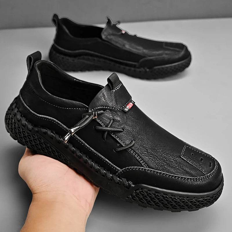Fashion Leather Men Casual Shoes Hand-stitching Soft Mens Loafers Comfy Moccasins Breathable Slip on Driving Shoes Treking Flats - Touchy Style