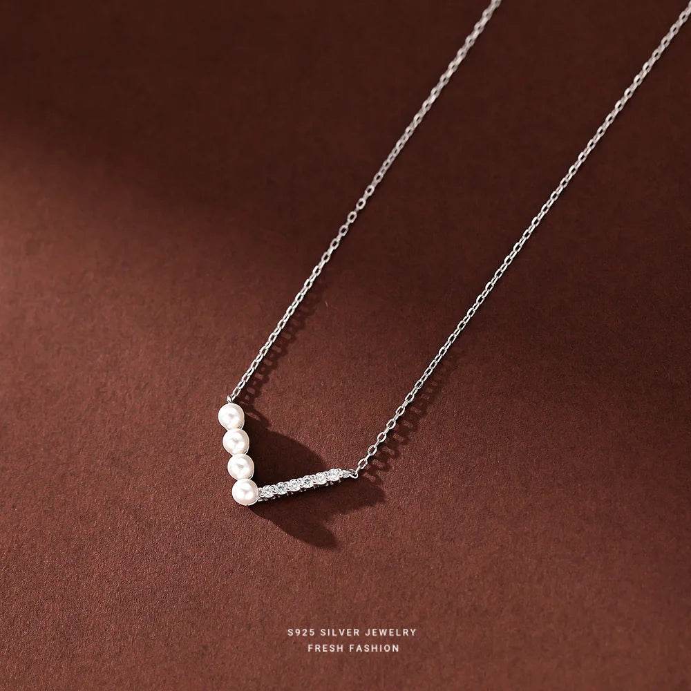 S925 Sterling Silver V Shape Half Pearl Half Zircon Pendant Necklace for Women Simple Light Luxury Wedding Jewelry Accessories - Touchy Style