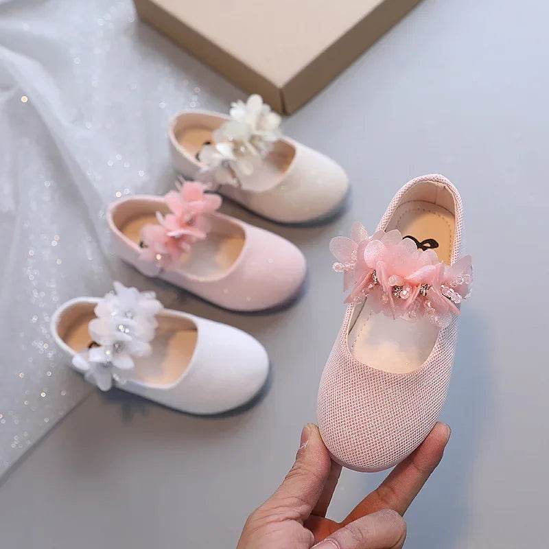 2024 Toddler Girl Elegant Leather Shoes Spring Autumn Beige Pink White Soft Flat Bottom Flowers Rhinestone Princess Shoes G08136 - Touchy Style
