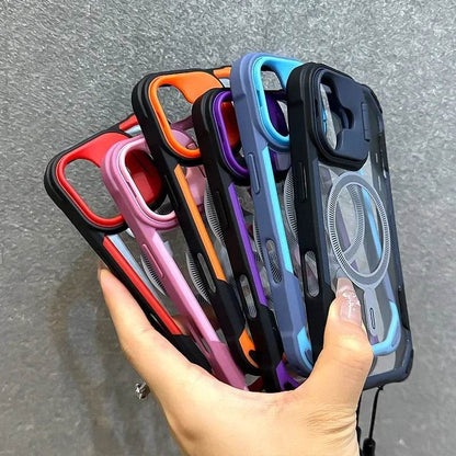 Lens Protection Bracket Magnetic Armor Case for iPhone 16 12 13 14 15 Pro Max Plus 11 Magsafe Charge With Wristband Phone Cover - Touchy Style