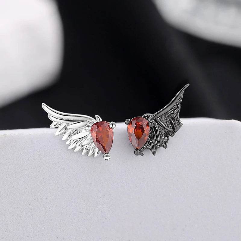 PANJBJ 925 Sterling Silver Red Zircon Studs Earring For Women Neo-Gothic Punk Wing Feather Angel Devil Jewelry Gift Dropshipping - Touchy Style