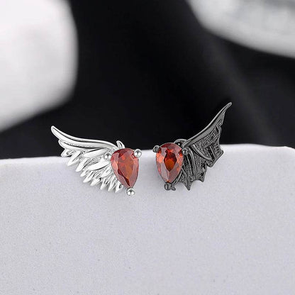 PANJBJ 925 Sterling Silver Red Zircon Studs Earring For Women Neo-Gothic Punk Wing Feather Angel Devil Jewelry Gift Dropshipping - Touchy Style