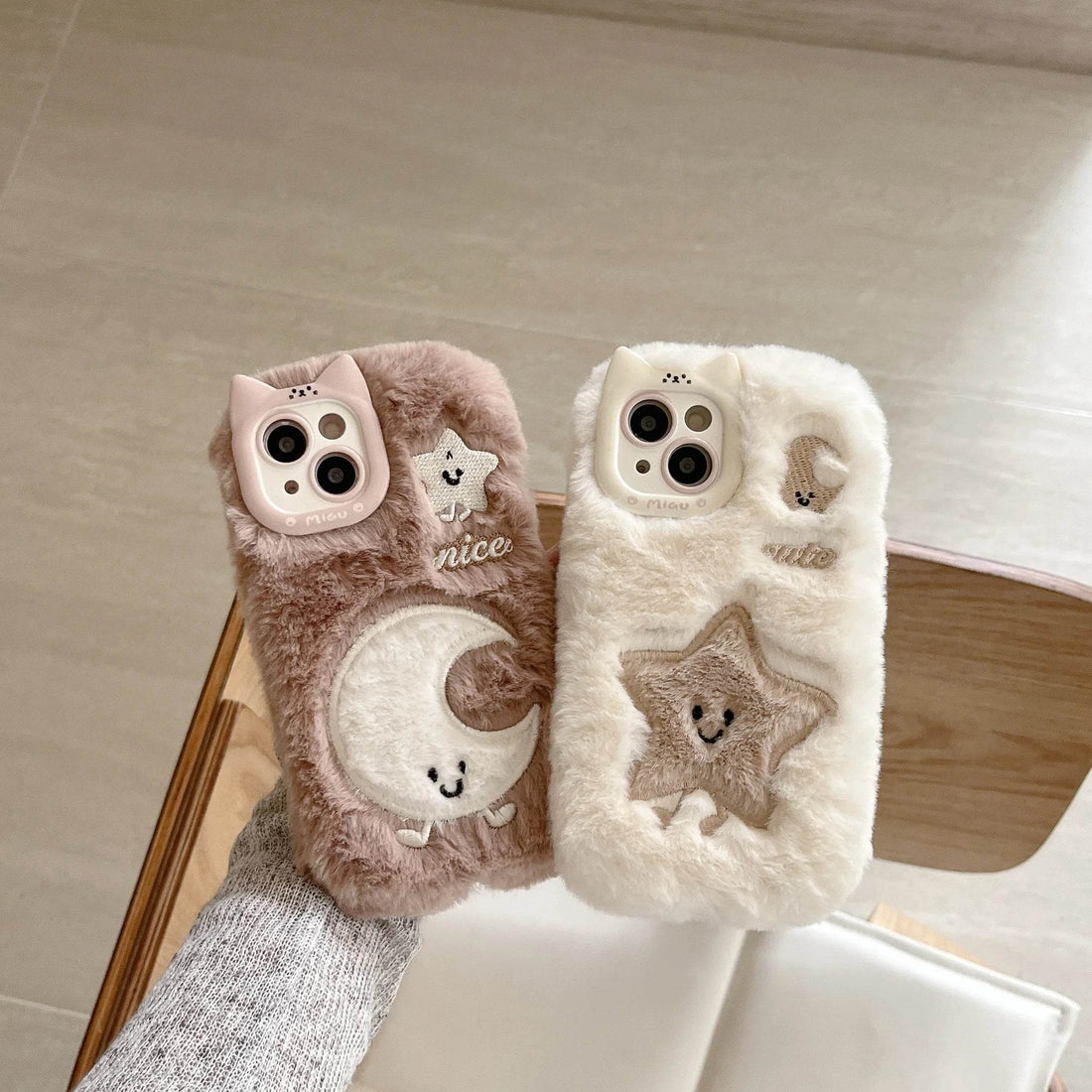 Cute Phone Cases For iPhone 16, 15, 14, 13 Pro Max - Cartoon Star &amp; Moon Fluffy Embroidery Cat Ear Lens Frame - PC9420 - Touchy Style