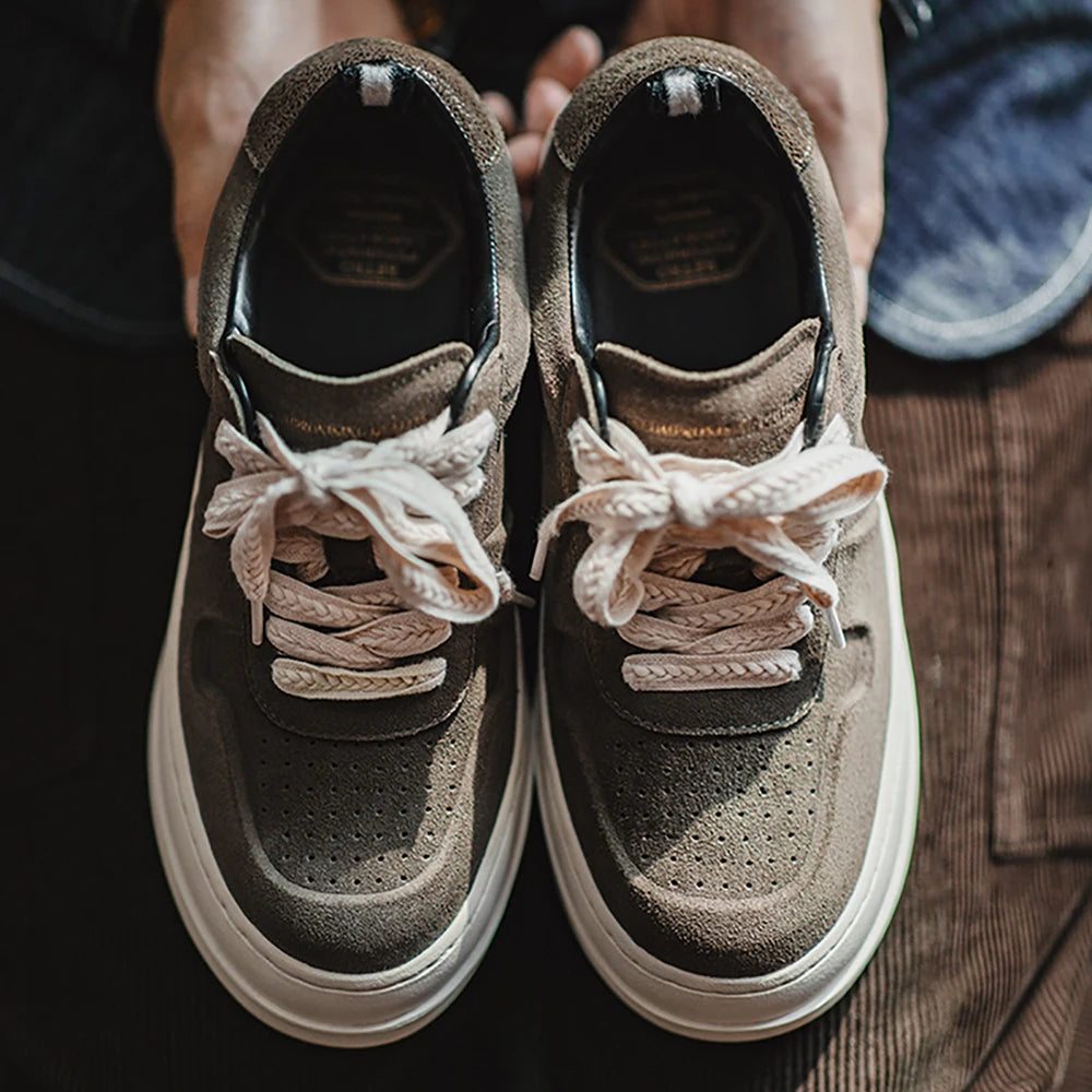 Maden Vintage Low Top Trendy Shoes Genuine Leather Shoes for Men Thick Soles Versatile Casual Increase Height Green Board Shoes