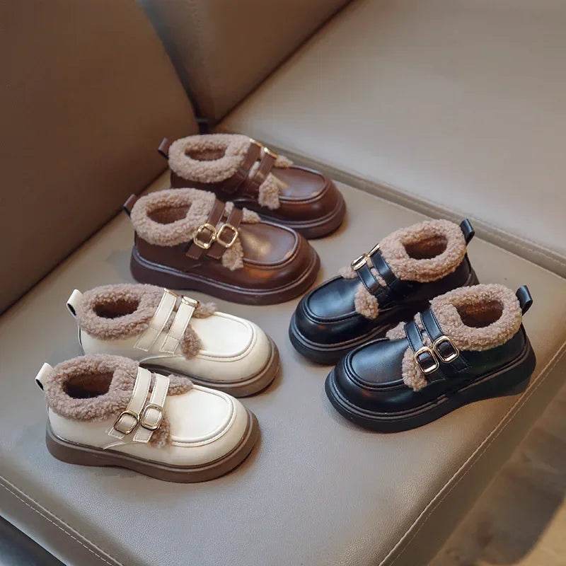 Winter Girls School Shoes Child Retro Black Beige Brown Princess Fur Shoes Kids All-match PU Leather Little Girl Footwear F10232 - Touchy Style