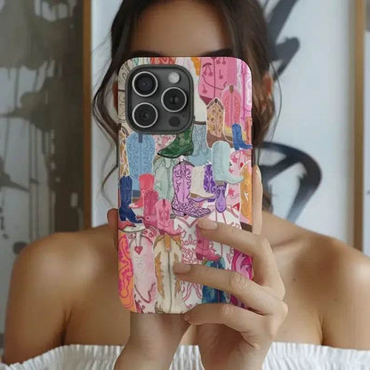 Cute Phone Cases For iPhone 16ProMax, 15, 14, 13, 12, 11 PRO, 11 Plus - Western Cowgirl Boots Collage - Acrylic TPU Cover - IC5290 - Touchy Style