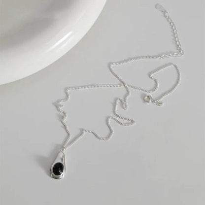 PANJBJ 925 Sterling Silver Black Agate Necklace for Women Water Drop Minimalism Design Trend Office Jewelry Gift Dropshipping - Touchy Style