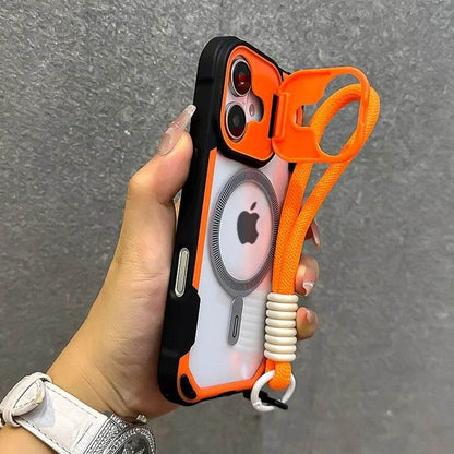 Lens Protection Bracket Magnetic Armor Case for iPhone 16 12 13 14 15 Pro Max Plus 11 Magsafe Charge With Wristband Phone Cover - Touchy Style