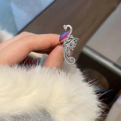 PANJBJ 925 Sterling Silver Animal Rings For Women Peacock Multicolour Feather Irregular Drip Glaze Jewelry Gift Dropshipping - Touchy Style