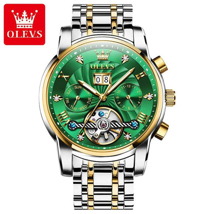OLEVS Mens Watch Automatic Mechanical Tourbillon Slef-Wind Luxury Stainless Steel Strap Waterproof Luminous Date Wrist Watch - Touchy Style
