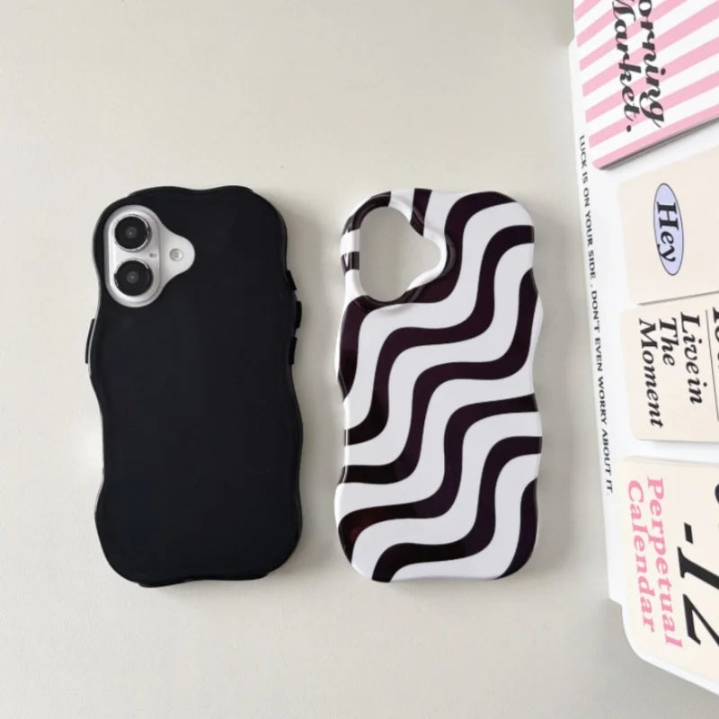 Glossy Wave Pattern Hit Color Stripe Protective Phone Case For iPhone 16 15 14 13 12 Pro Max Shockproof Water Ripple Back Cover