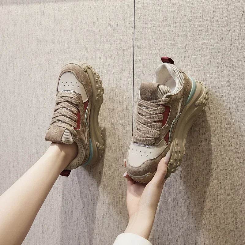 6cm Genuine Leather Platform Mesh Breathable Sneakers Chunky Hidden Heel Mixed Color Women Autumn Spring Vulcanize Shoes - Touchy Style