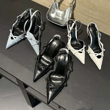 Designer Narrow Band Buckle Strap Pumps Women Pointed Toe Slingback Mules Shoes Thin High Fashion Zapatos Mujer - Touchy Style