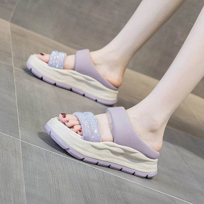 Crystal Genuine Leather Slippers Women Thick Sole Summer Height Increasing Casual Shoes Wedges Platform Slides