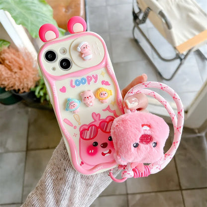 Cute 3D Cartoon Loopy Push-Pull Camera Phone Case for IPhone 16 15 Pro Max 14 Plus 13 12 Pro Max 11 with Strap Soft Back Cover