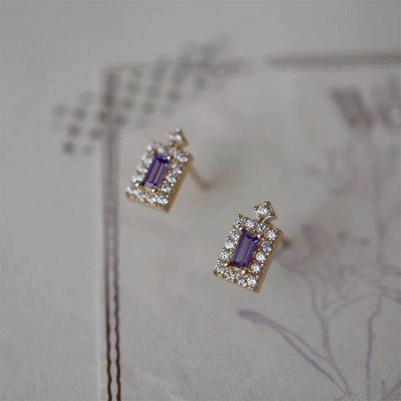 925 Sterling Silver Plated 14K Gold Purple Shiny Zircon Geometry Earrings for Women French Elegance Romance Jewelry - Touchy Style