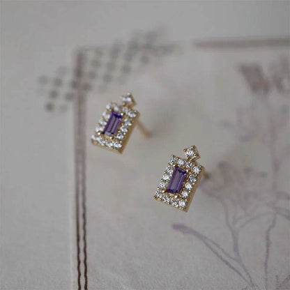 925 Sterling Silver Plated 14K Gold Purple Shiny Zircon Geometry Earrings for Women French Elegance Romance Jewelry - Touchy Style