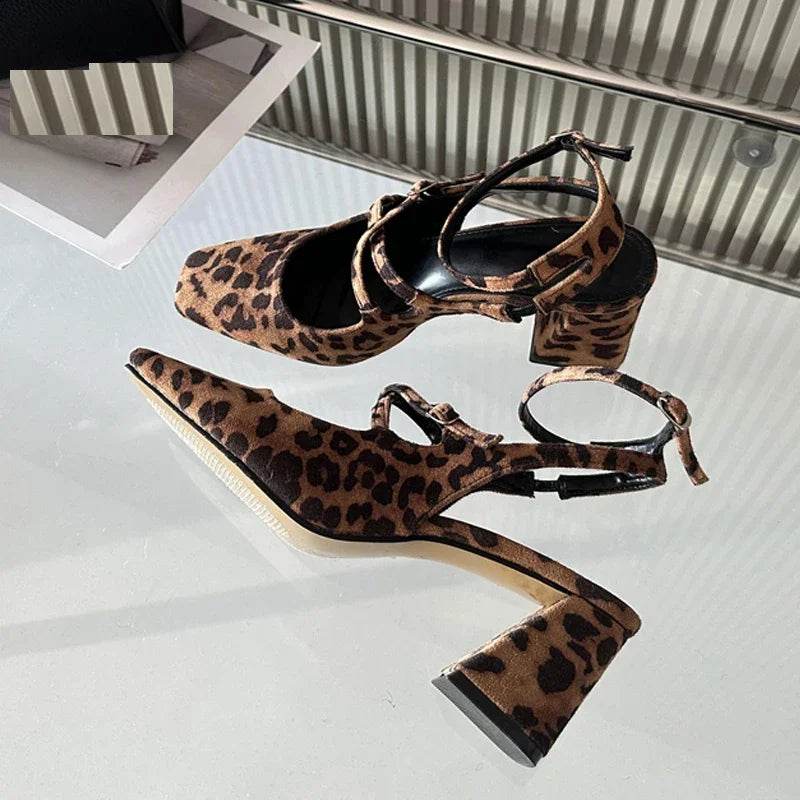 New Fashion Leopard Print Narrow Band Buckle Strap Women Pumps Elegant Square Toe High Heels Wedding Party Shoes - Touchy Style