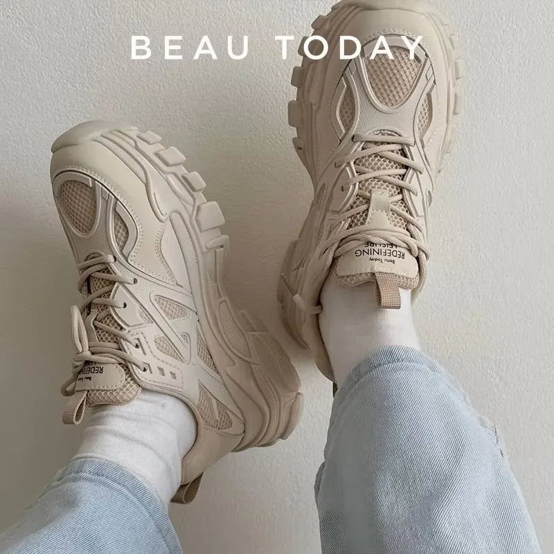 BeauToday Chunky Sneakers Women Synthetic Leather Mesh Patchwork Round Toe Lace-Up Thick Sole Ladies Sports Shoes Handmade 29448