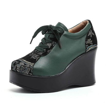 Spring Ethnic Style Women Genuine Leather Shoes Lace Up Wedges Heels Shoes Thick Sole Casual Ladies Platform Shoes - Touchy Style